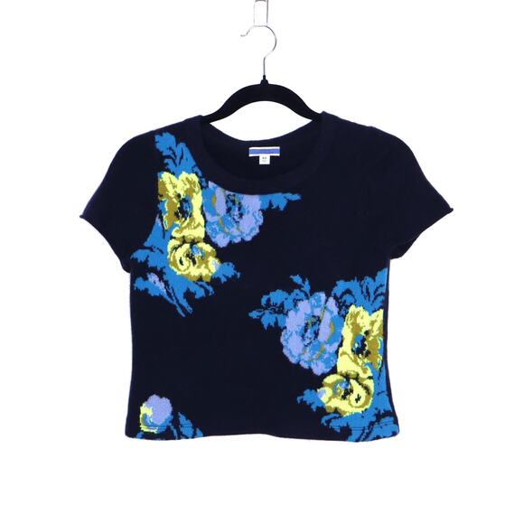 J. CREW Short Sleeve Cashmere T-shirt Sweater Navy Floral Women's XS Petite - Picture 1 of 8